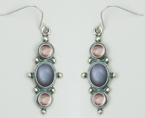 Sterling Silver Drop Dangle Earrings With Grey Moonstone And Rose Quartz Sterling Silver Drop Dangle Earrings With Grey Moonstone And Rose Quartz